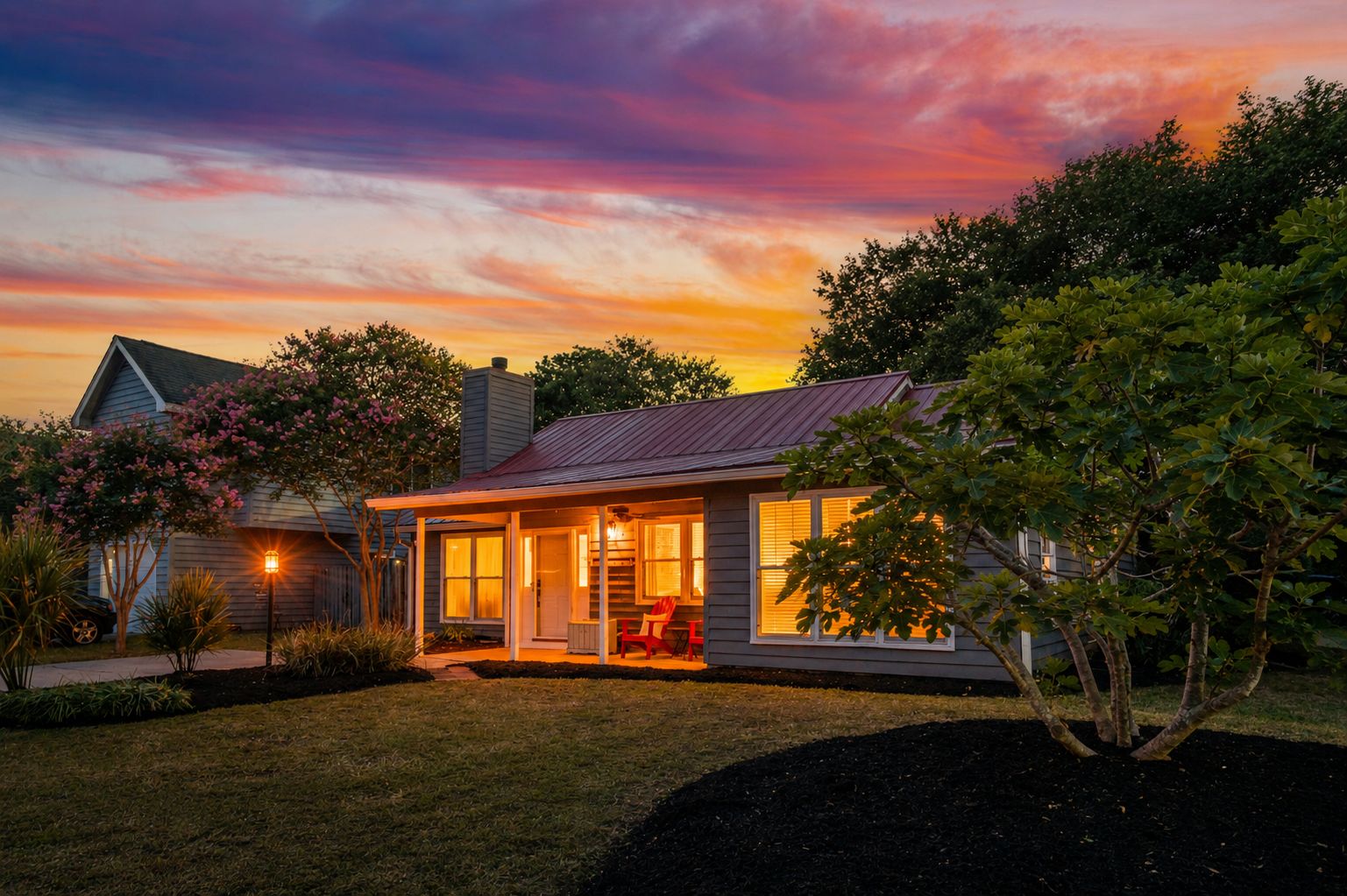 Front corner at twilight